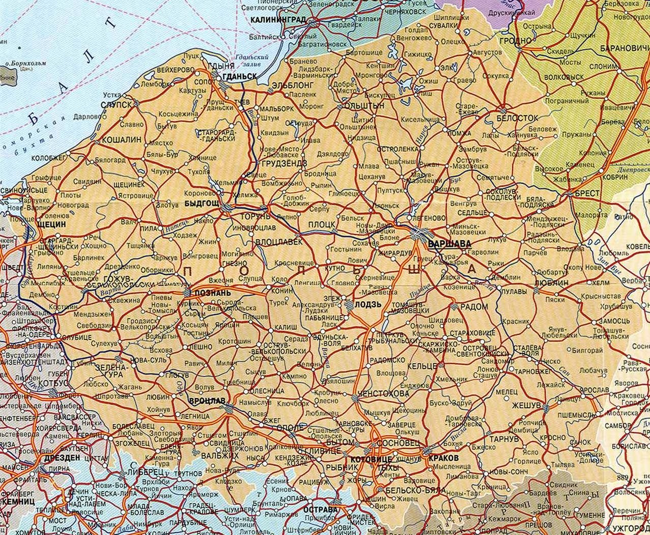 Карты Польши. Подробная карта Польши на русском языке с курортами и отелями