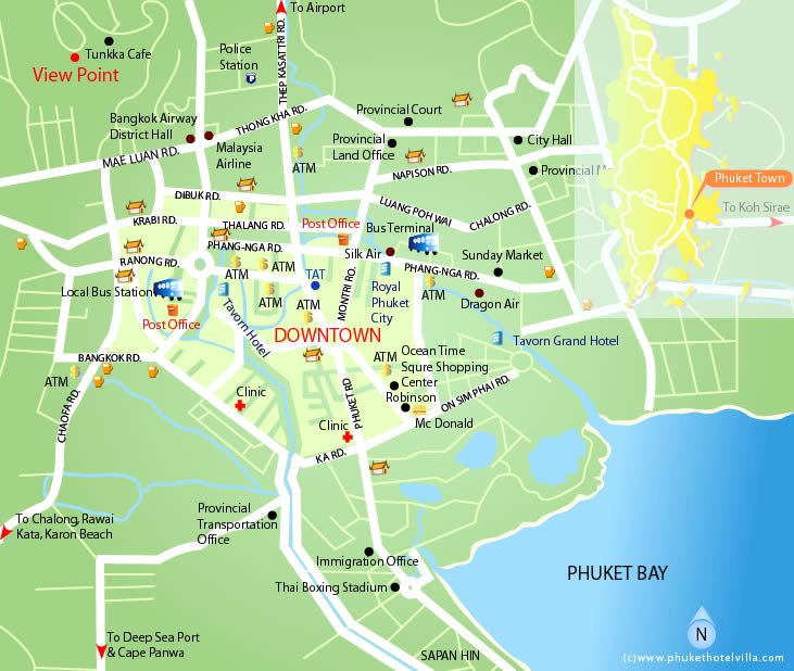 Карты Пхукет-тауна (Тайланд). Подробная карта Пхукет-тауна на русском языкес отелями и достопримечательностями